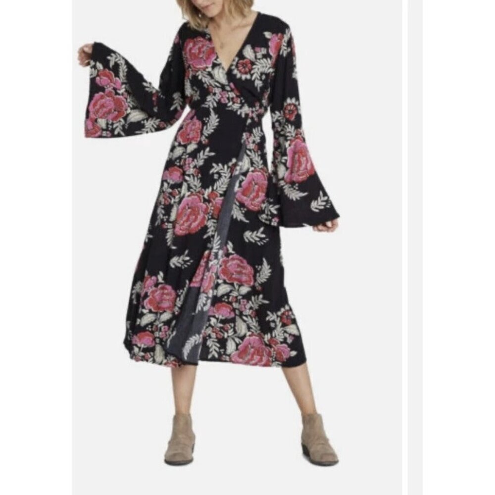 Billabong Black Floral Wrap Midi Dress With Long Sleeves & Tie Waist Size M